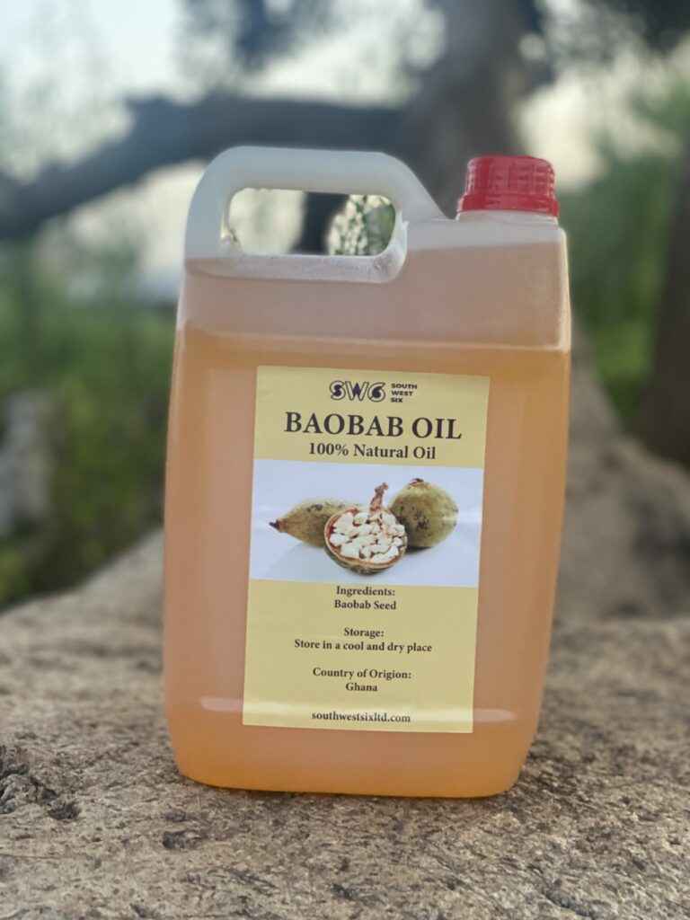 Pure cold-pressed Baobab Oil, rich in omega fatty acids and vitamins, ideal for skincare, haircare, and moisturization.