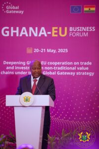 President John Dramani Mahama speaking at the 2025 Ghana-EU Business Forum