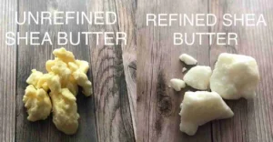A comparison of refined and unrefined shea butter in jars, highlighting texture and color differences for skincare use